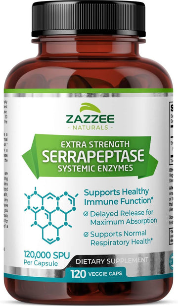 Zazzee Delayed Release Serrapeptase, 120,000 Spu Per Capsule, 120 Vegan Capsules, 4 Month Supply, Extra Strength, Potent And Concentrated Systemic Enzymes, 100% Vegetarian, All-Natural And Non-Gmo