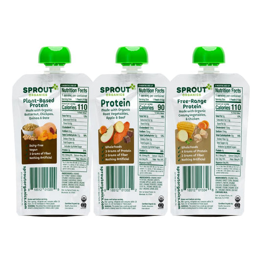 Sprout Organics Baby Food, Root Veg & Beef, Creamy Veg & Chicken, Plant-Based Chickpea Protein Pack, 8+ Months, 4 Oz Purees (Pack Of 18)