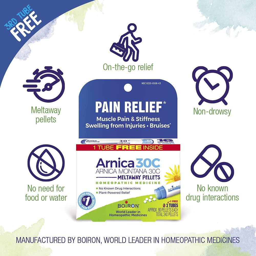 Boiron Arnica Montana 30C Homeopathic Medicine for Relief from Muscle Pain, Muscle Stiffness, Swelling from Injury, and Discoloration from Bruises - 3 Count (240 Pellets) : Health & Household