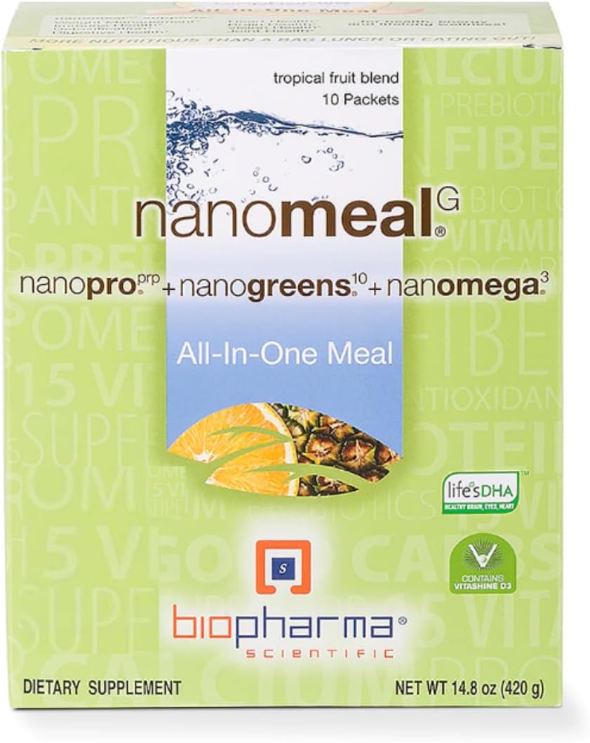 Biopharma Scientific Nanomeal All-In-One Meal Superfood Powder | Tropical Fruit Blend Flavor | 10 Servings | Nanogreens + Nanopro + Nanomega | Immune Support, Detoxification, Gut