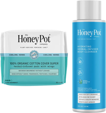 The Honey Pot Company - Super Pads & Coconut Shea Body Cleanser Bundle - Herbal Infused Sanitary Pads For Women - Hydrating Body Wash To Moisturize & Cleanse Skin - Feminine Care - Fsa & Hsa Eligible