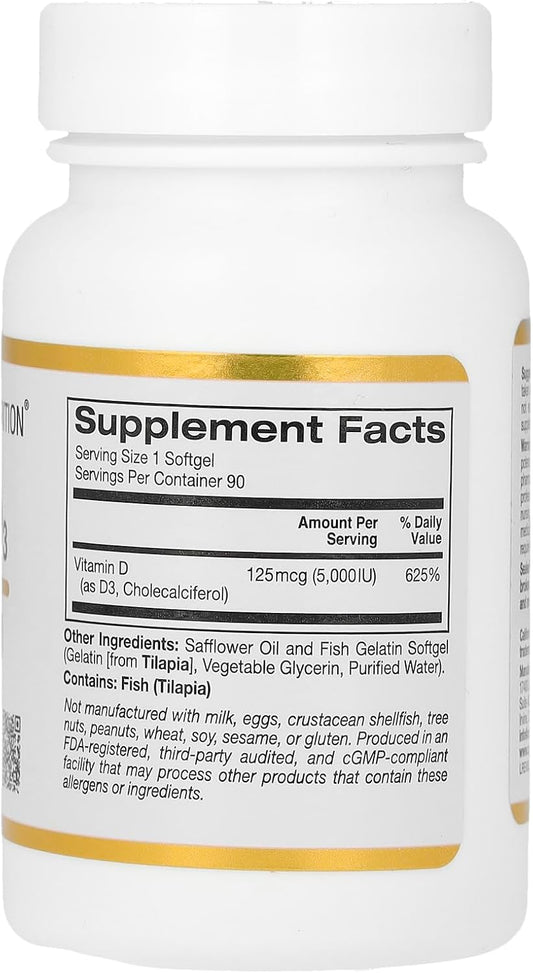 Vitamin D3 Supplement By California Gold Nutrition - Support For Healthy Bones & Teeth - Immune System Support - Gluten Free, Non-Gmo - 125 Mcg (5,000 Iu) - 90 Fish Gelatin Softgels