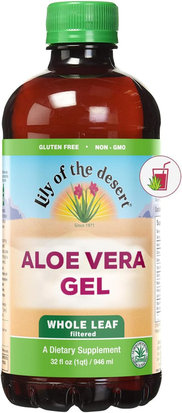 Lily Of The Desert Aloe Vera Gel, Preservative Free - Whole Leaf Filtered Thicker Consistency Aloe Vera Drink with Natural Vitamins, Digestive Enzymes for Gut Health, Wellness, Glowing Skin, 32 Fl Oz