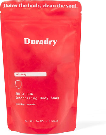 Duradry Body Soak - Dead Sea Salt & Himalayan Salt With Aha & Bha, All-Body Deodorizing Bath Salts, All-Natural, Vegan, Cruelty-Free, Colorant-Free, Up To 3 Soaks, Soothing Lavender Fragrance - 14 Oz