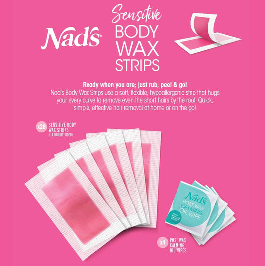 Nad’s Body Wax Strips for Sensitive Skin, Hair Removal for Sensitive Skin, Hypoallergenic, Includes 28 Waxing Strips & 2 Post Wax Calming Oil Wipes