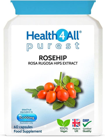 Health4All Rosehip 10000mg 60 Capsules (V) (not Tablets) Purest - no additives. Vegan Quality Joint Support Supplement