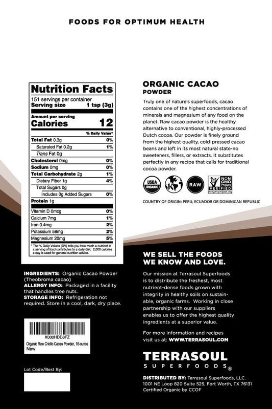 Terrasoul Superfoods Raw Organic Cacao Powder, 16 Oz, Rich Chocolate Goodness For Baking, Smoothies, And Blissful Hot Cocoa