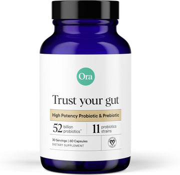 Ora Organic Probiotics With Prebiotics - 52 Billion Cfu 11 Clinically Studied Strains For Digestive Health, Trust Your Gut, Gluten Free, 60 Capsules