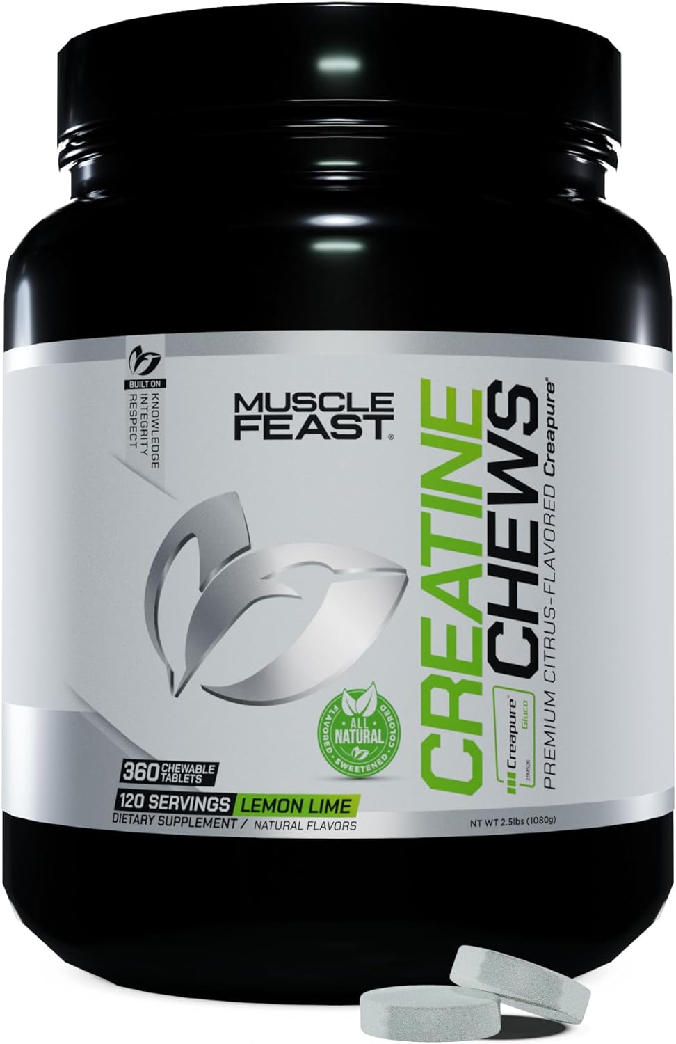 Muscle Feast Vegan Creatine Monohydrate, Gluten-Free Creapure Chews, Lemon Lime, 360 Tabs