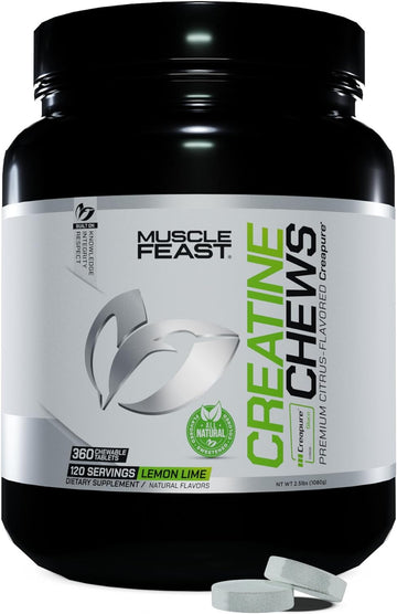 Muscle Feast Vegan Creatine Monohydrate, Gluten-Free Creapure Chews, Lemon Lime, 360 Tabs