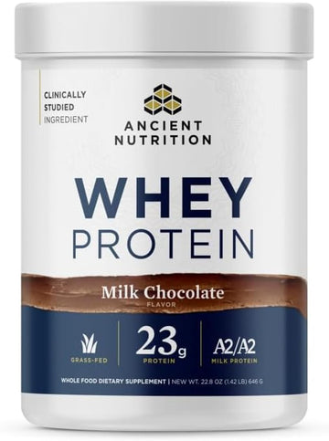 Ancient Nutrition Grass Fed Whey Protein, Milk Chocolate, 23G Protein, 20 Servings, Hydrolyzed Collagen Peptides, Organic Regenerative A2/A2 Milk Protein