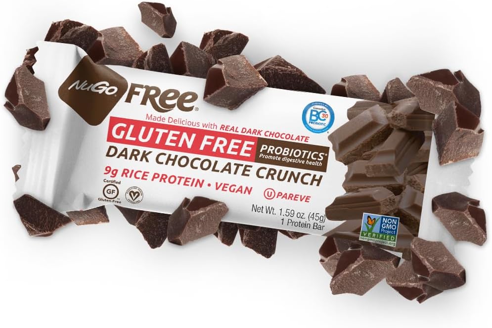 NuGo Free Dark Vegan 9g rice protein bar, Probiotics, Gluten Free, Soy Free, Dark Chocolate Crunch, 1.59-Ounce Bars (Pack of 12) : Health & Household