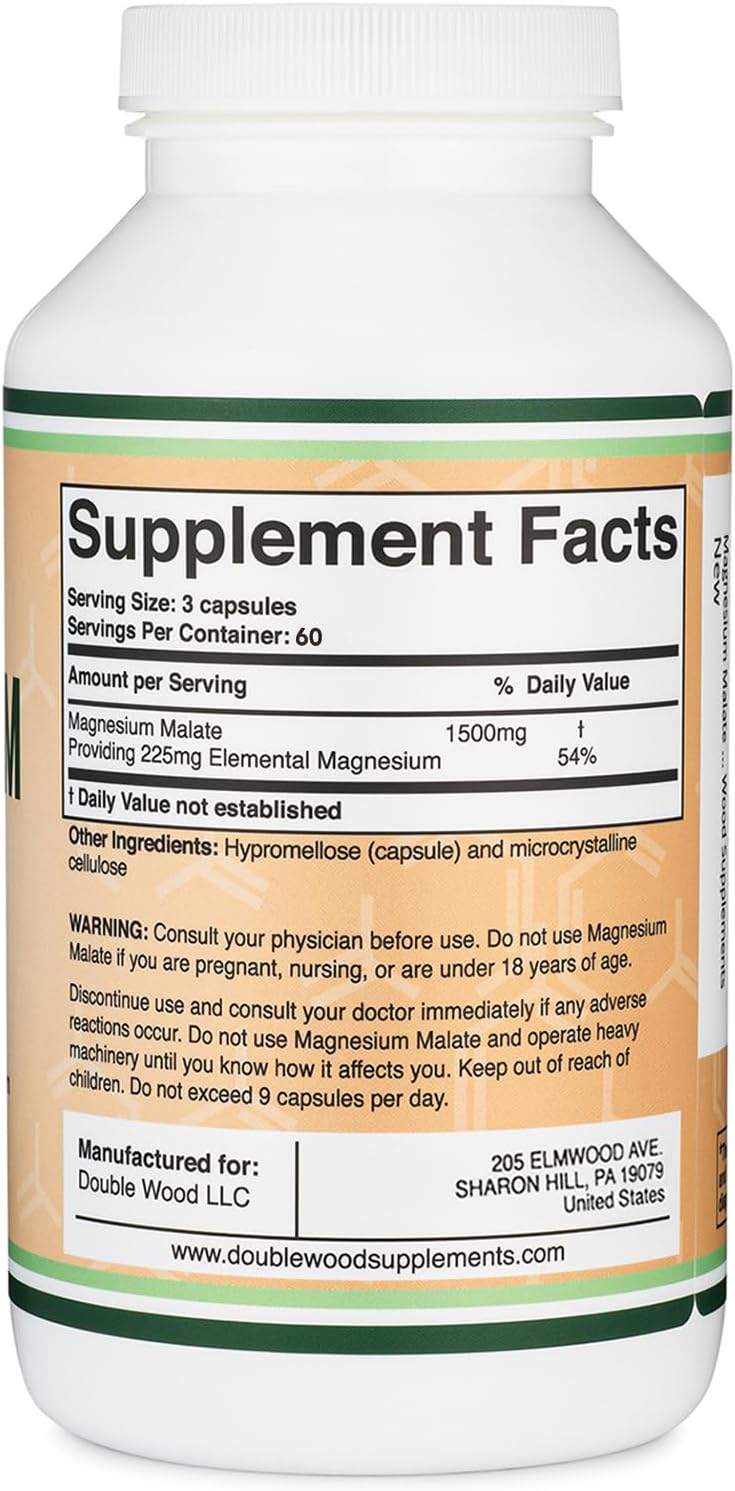 Magnesium Malate Capsules (180 Count) - 1,500Mg Per Serving (Magnesium Bonded To Malic Acid), Third Party Tested, Vegan Friendly, Gluten Free By Double Wood Supplements