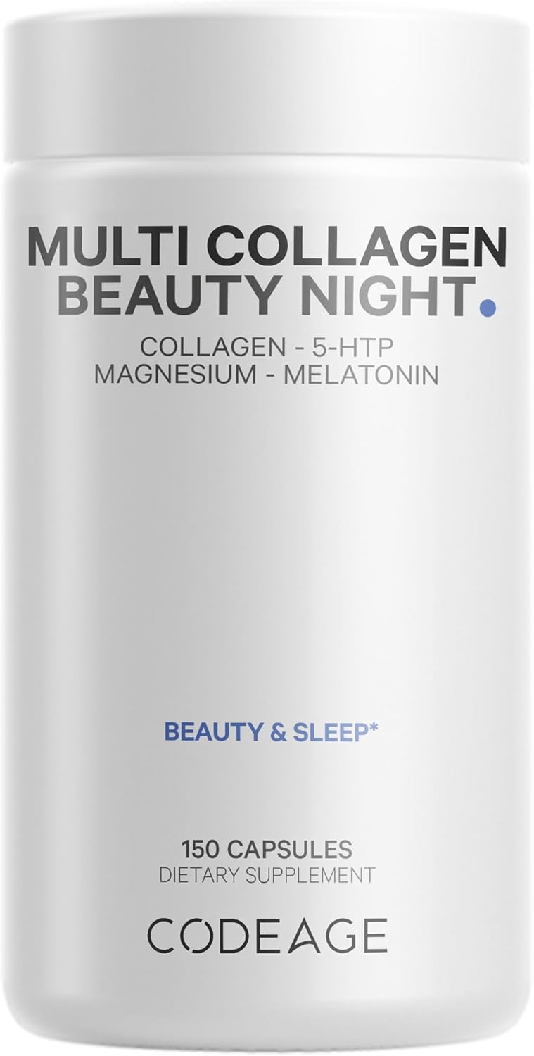 Codeage Multi Collagen Melatonin Magnesium Protein Beauty Night Complex Capsules, 5-Htp, L-Theanine, Supplement Vitamins - Hydrolyzed Collagen Pills - Hair, Skin, Nails, Joints, Sleep - 150 Count