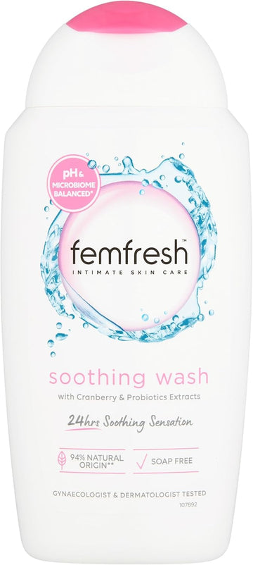 Femfresh Ultimate Care Soothing Wash - Intimate Daily Vaginal Feminine Hygiene Shower Gel Cleanser – Ph Balanced, Soap Free W.Hydrating Cranberry & Probiotics Extract, Long-Lasting Multiactif - 250 Ml