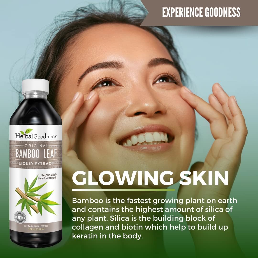 Bamboo Extract for Hair Growth - Natural Bamboo leaf - Organic Hair Skin and Nail Vitamins Natural Silica, Collagen Supplement, Radiant Skin and Nails - 12oz Liquid - Herbal Goodness : Health & Household