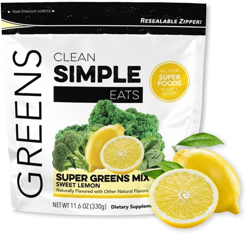 Clean Simple Eats Sweet Lemon Greens Powder Mix, Greens Superfood Powder Smoothie & Juice Mix, Gluten Free, Includes Powerhouse Superfoods Chlorella & Spirulina Powder Organic (30 Servings)