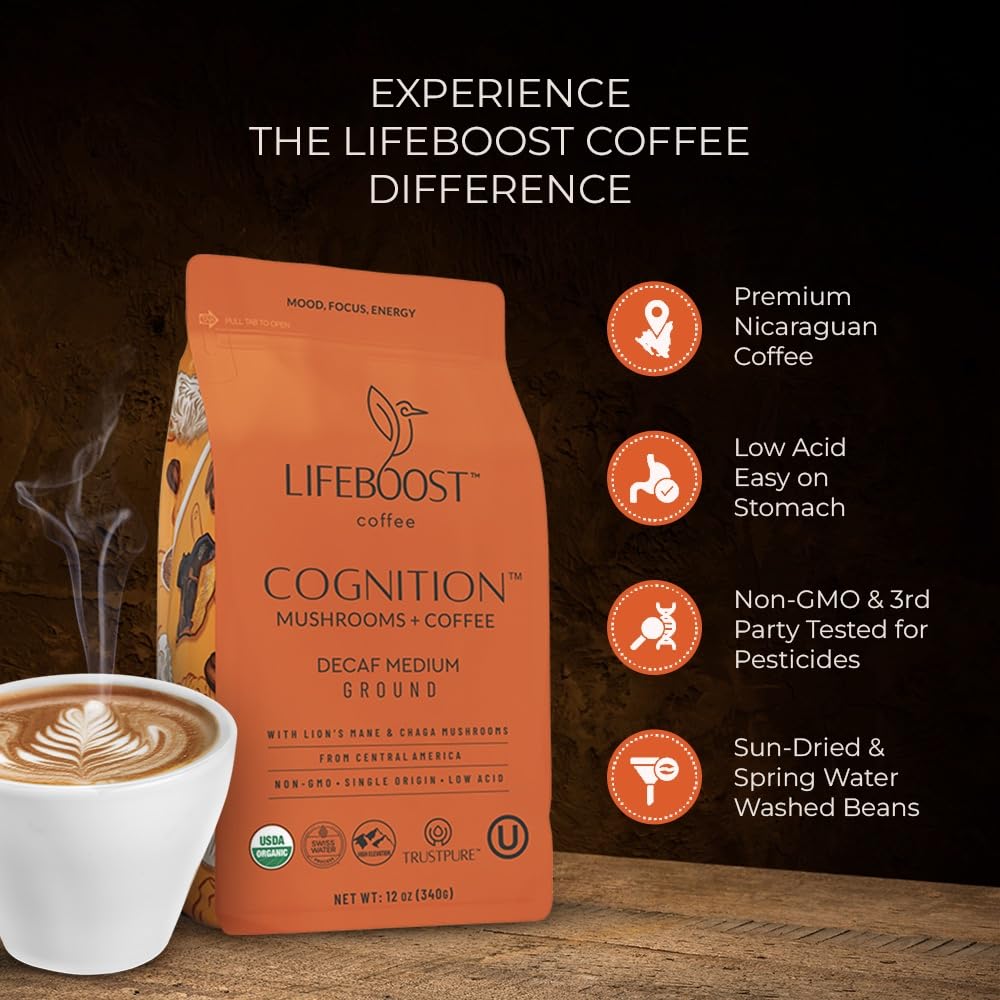 Lifeboost Cognition Adaptogenic Decaf Mushroom Coffee - Lions Mane & Chaga Nootropic Coffee - Low Acid Decaf Medium Organic Coffee - Increase Energy, Boost Focus & Immune Support - 12 Oz Bag - Ground