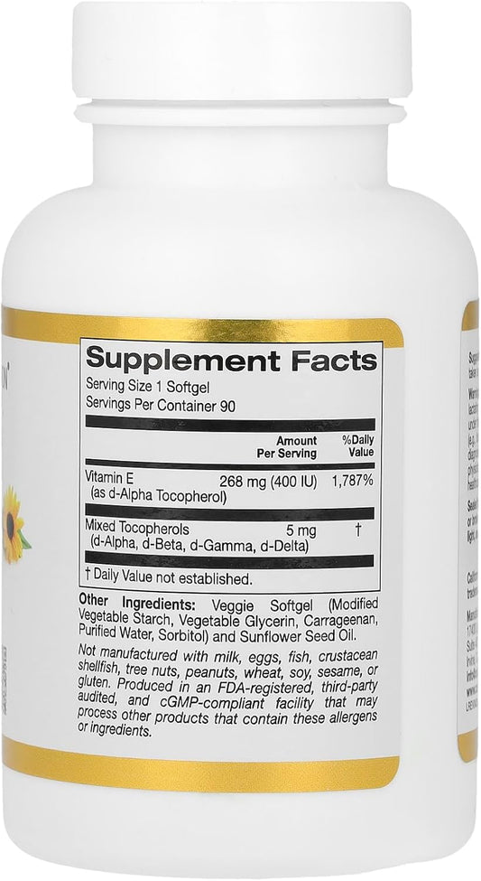 California Gold Nutrition Sunflower Vitamin E With Mixed Tocopherols, 400 Iu, 90 Veggie Softgels