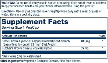 Solaray Horse Chestnut Seed Extract 400Mg - Standardized 72 Mg Aescin 18% With 55 Mg Of Butchers Broom - Leg Vein And Blood Circulation Supplements - Vegan, 120 Servings, 120 Vegcaps