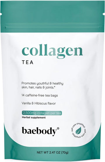 Baebody Collagen Beauty Booster Tea - 2,500 Mg Of Collagen Peptides For Skin Hair And Nails - Caffeine-Free Hibiscus Vanilla Tea For Anti-Aging Skincare