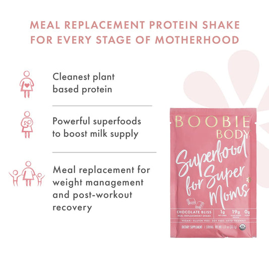 Boobie Body Superfood Protein Meal Replacement Shake, Chocolate Bliss Flavor | 19G Protein | Safe For Pregnancy, Lactation, & Motherhood | Organic, Vegan, Zero Sugar, 10 Single Serve Packets (1.16 Oz Each)