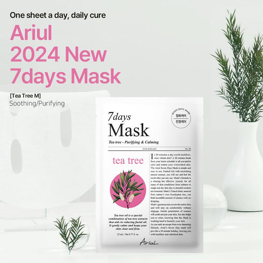 Ariul 7 Days Mask Heartleaf P – Calming & Moisturizing Korean Face Mask With Panthenol & Ceramide, Hydrating & Soothing, Pore Purifying, Vegan Sheet, 10 Masks, 23Ml / 0.77 Fl. Oz Each (Tea Tree M)