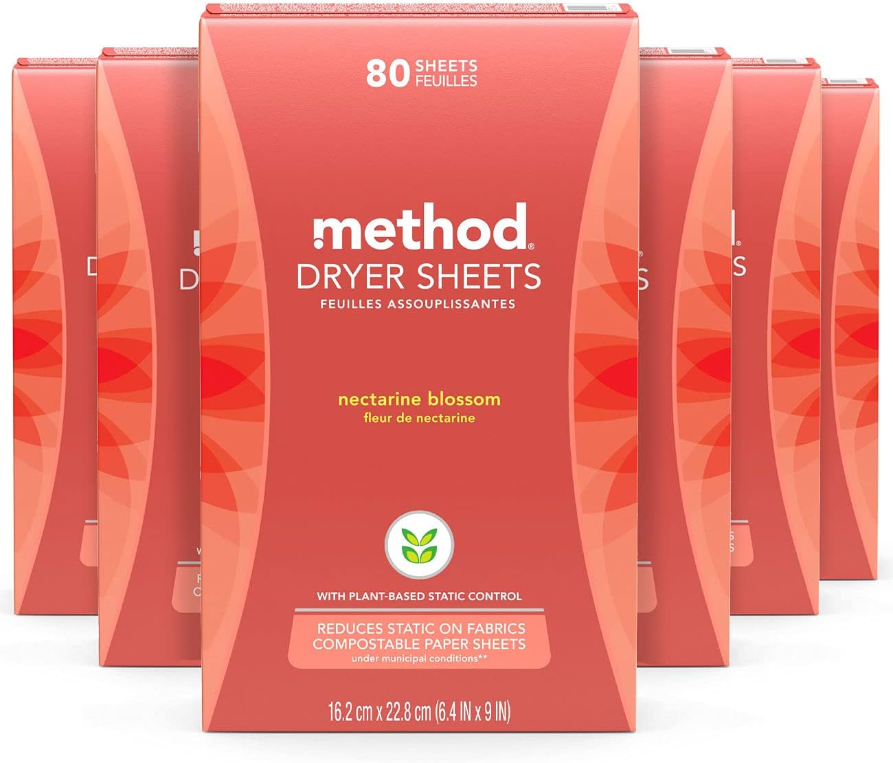 Method Dryer Sheets, Nectarine Blossom, Fabric Softener and Static Reducer, Compostable and Plant-Based Laundry Essentials, 80 Count (Pack of 6)