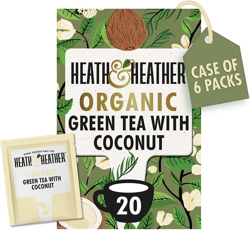 Heath & Heather Organic Green Tea With Coconut (6 Packs Of 20, Total 120) Individually Wrapped Herbal Tea Infusions