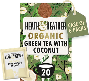 Heath & Heather Organic Green Tea With Coconut (6 Packs Of 20, Total 120) Individually Wrapped Herbal Tea Infusions