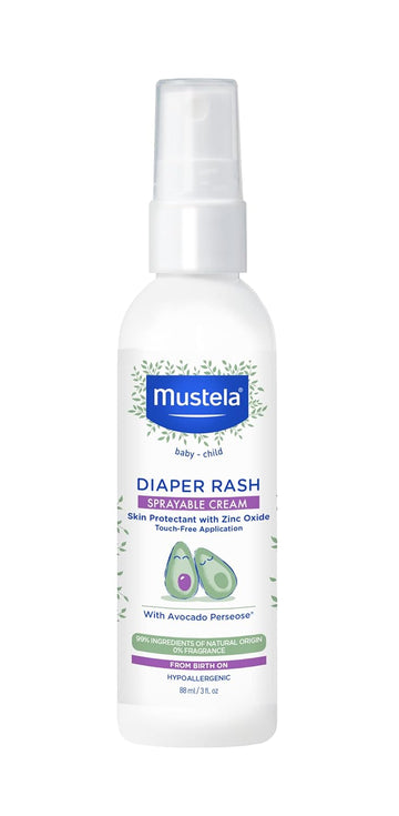 Mustela Baby Diaper Rash Cream Spray – Touch-Free Protectant With Zinc Oxide & Natural Avocado - Treats, Soothes And Prevents Diaper Rash- Fragrance-Free - 3 Fl. Oz