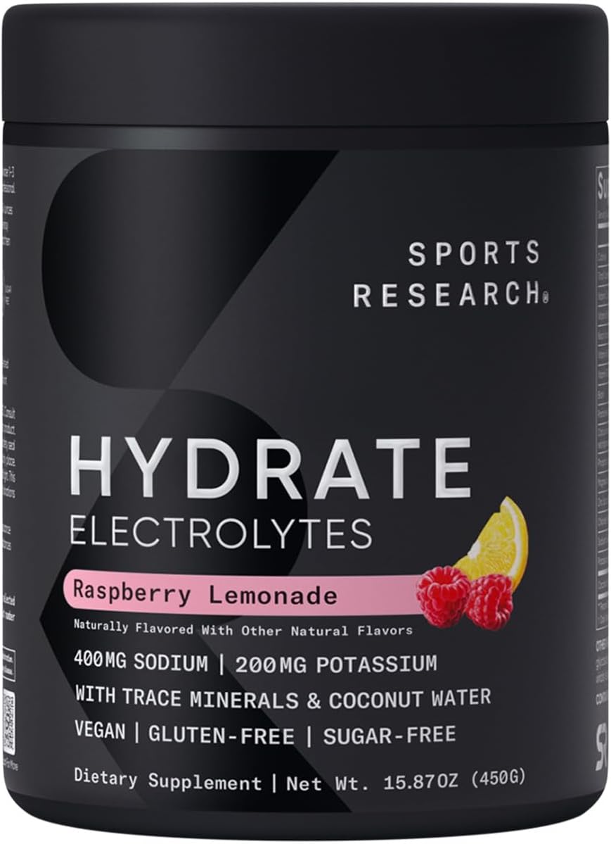 Sports Research® Hydrate Electrolytes Powder - Sugar-Free & Naturally Flavored With Vitamins, Minerals, And Coconut Water - Supports Hydration - Raspberry Lemonade - 90 Servings