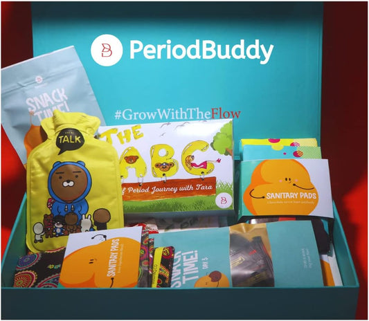 First Period Kit- First Period Book Set, Sanitary pads, PantyLiner, Period Tracker, Period Organizer, Period Diary, Heat Bag Period Food & Chocolates, Best Gift Box For First Menstruation