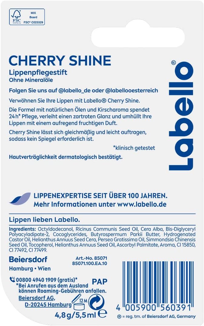 Labello Cherry Shine Lip Balm With Soft Red Shine And Shimmer Pigments And Cherry Flavours, Lip Care Without Mineral Oils