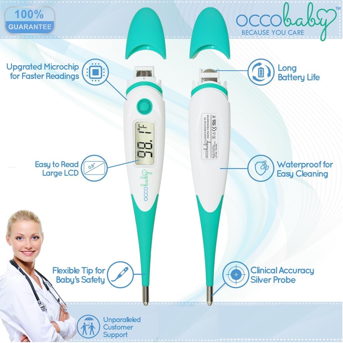 OCCObaby Clinical Digital Baby Thermometer - LCD, Flexible Tip, 10 Second Quick Accurate Fever Alarm Rectal Oral & Underarm Use - Waterproof Baby Thermometer for Infants & Toddlers : Baby