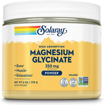 Solaray Magnesium Glycinate Powder 350 Mg - Unflavored Magnesium Powder - Magnesium Supplement For Bone, Muscle, And Relaxation Support - Vegan, Non-Gmo, 60-Day Guarantee - 50 Servings, 6 Oz