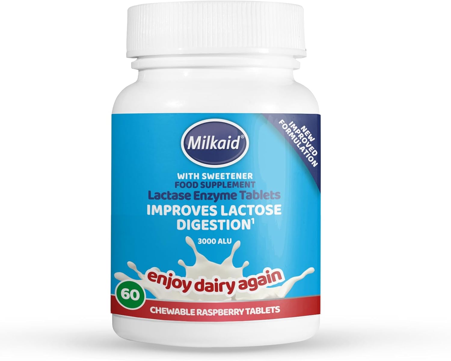 Milkaid Lactase Enzyme Chewable Tablets for Lactose Intolerance Relief | Prevents Gas, Bloating & Diarrhoea | Fast Acting Dairy Digestive Supplement | Gluten Free & Vegan | 60 tablets : Amazon.co.uk: Health & Personal Care