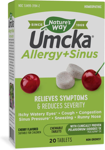 Nature'S Way Umcka Allergy+Sinus Homeopathic, Sneezing, Runny Nose, Congestion, And Sinus Pressure**, Phenylephrine Free, Non-Drowsy, Cherry Flavored, 20 Chewable Tablets