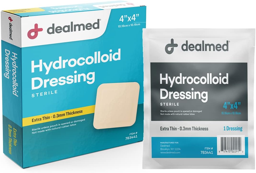 Dealmed Hydrocolloid Dressings Extra Thin 4” X 4” Bandages Wound Care Products For First Aid Kits, Individually Packed (10/Box)