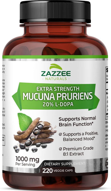 Zazzee Extra Strength Mucuna Pruriens 8:1 Extract, Minimum 20% L-Dopa, 1000 Mg, 220 Vegan Capsules, 110 Day Supply, Concentrated And Standardized 8X Extract, 100% Vegetarian, All-Natural And Non-Gmo