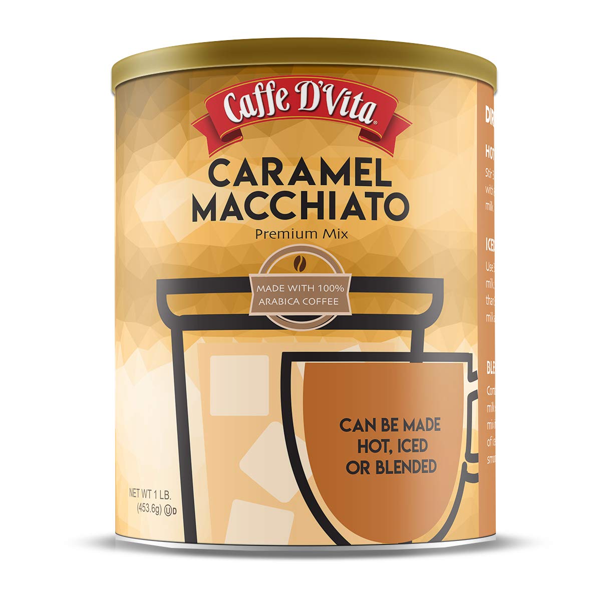 Caffe D’Vita Caramel Macchiato - Coffee Caramel Macchiato, Caramel Instant Coffee, Latte Mix, Gluten Free, No Cholesterol, No Hydrogenated Oils, Kosher-Dairy, Caramel Macchiato Coffee - 1 Lb Can