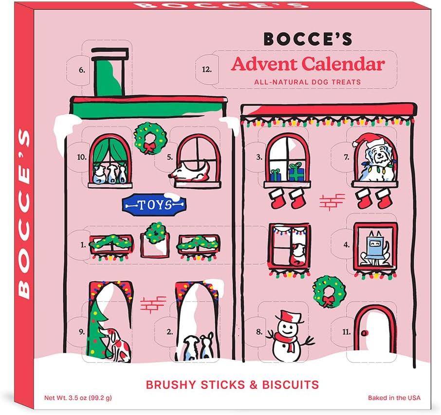 Bocce'S Bakery All-Natural, Seasonal, 12 Day Advent Calendar For Dogs With Wheat-Free, Limited Ingredient Brushy Sticks And Biscuits Dog Treats, 3.5 Oz