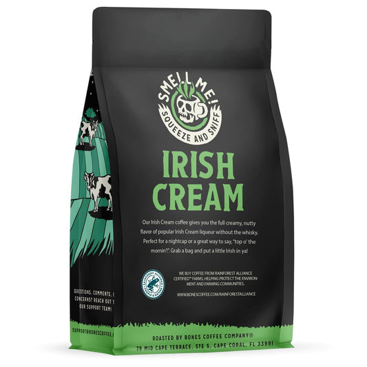 Bones Coffee Company Irish Cream Flavored Whole Coffee Beans Coffee Nutty Flavor | 12 oz Medium Roast Arabica Low Acid Coffee | Gourmet Coffee (Whole Bean)