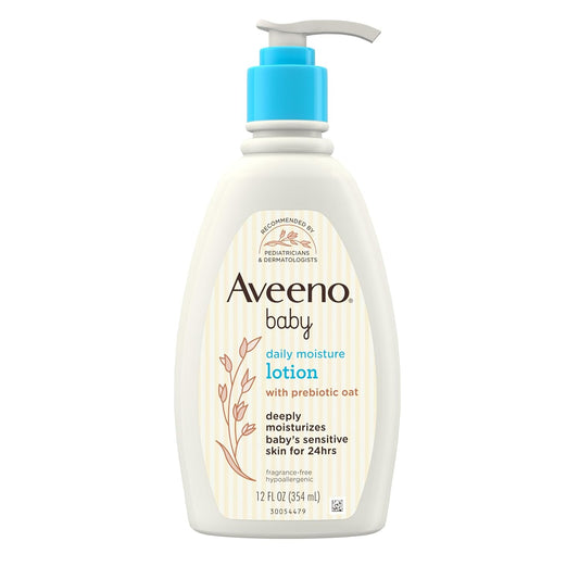 Aveeno Baby Daily Moisture Body Lotion for Delicate Skin, Natural Colloidal Oatmeal & Dimethicone, Hypoallergenic Moisturizing Baby Lotion, Fragrance-, Phthalate- & Paraben-Free, 12 fl. oz