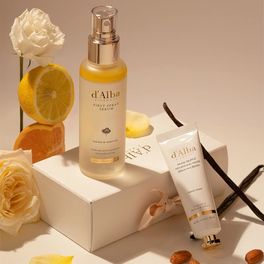 d'Alba Italian White Truffle Vegan Gift Set - First Spray & Nourishing Hand Cream Serum, Mother's Day Skincare