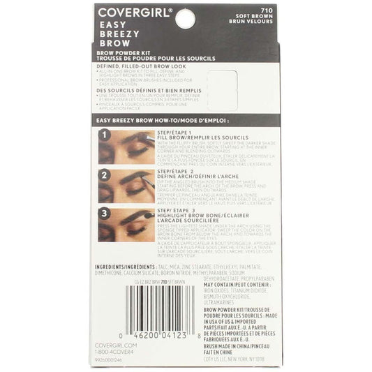 Covergirl - Easy Breezy Brow Powder Kit, Three Shades Brow Definer, Professional Double-Ended Angled Brush, Effortless, 100% Cruelty-Free