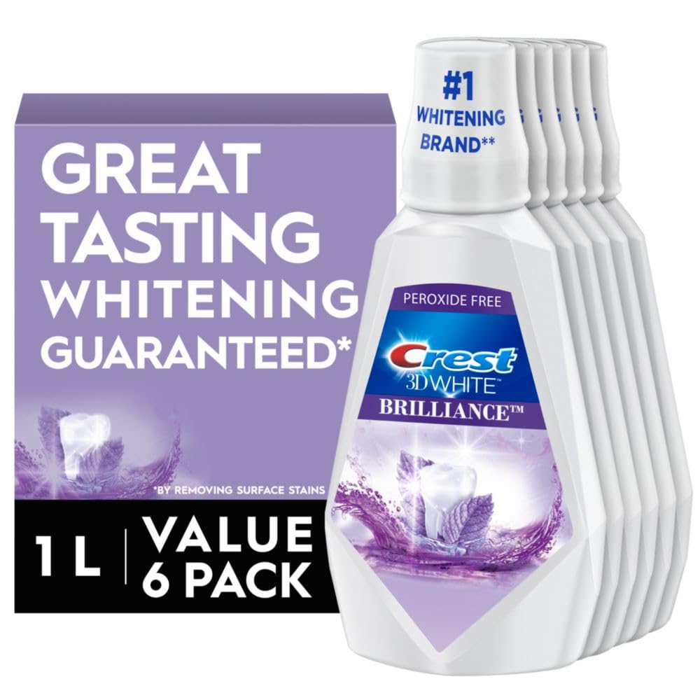 Crest 3D White Brilliance Whitening Mouthwash, Alcohol Free, Clean Mint, 1L (33.7 Fl Oz), Pack Of 6