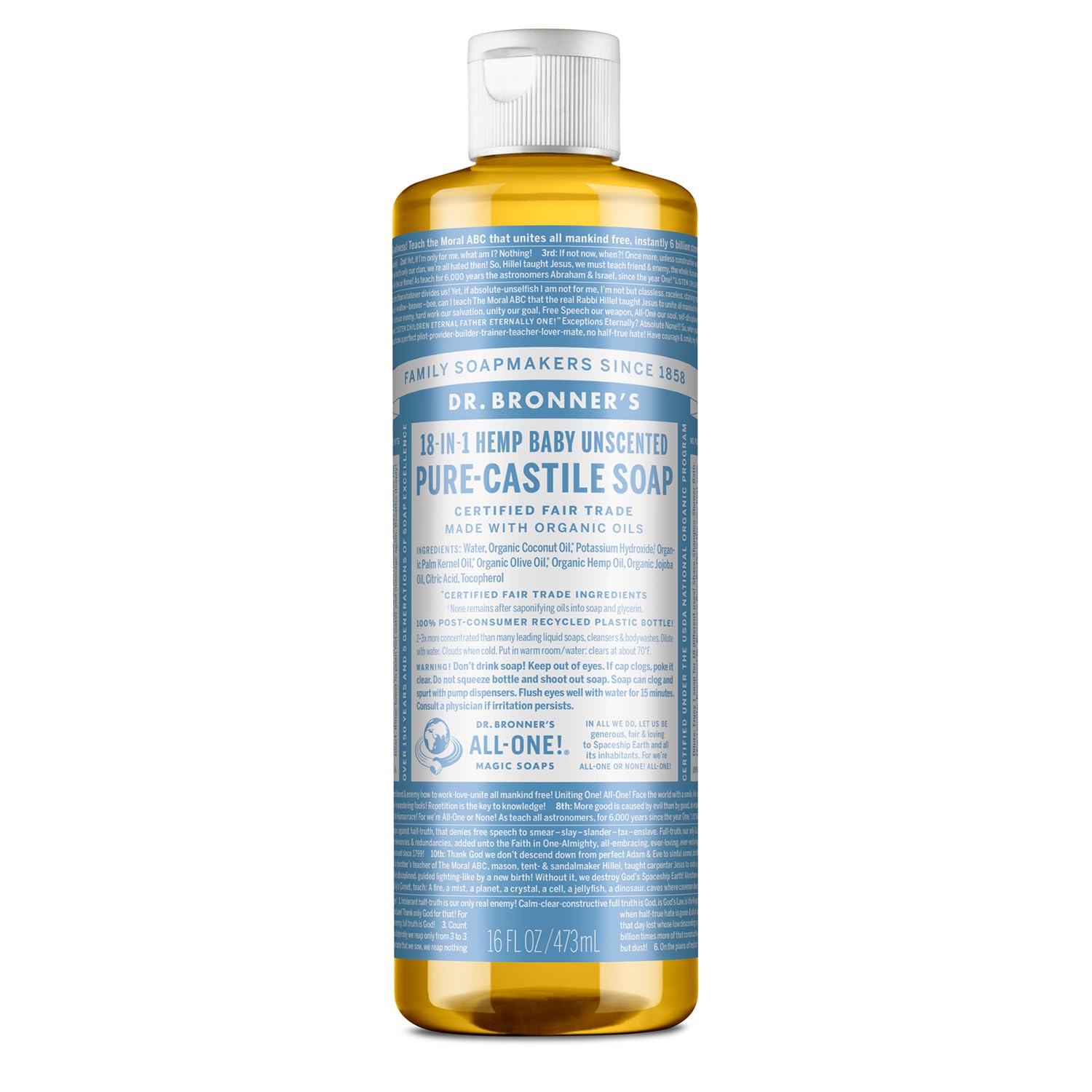 Dr. Bronnerâ€s - Pure-Castile Liquid Soap(Baby Unscented, 16 Ounce)- Made with Organic Oils, 18-in-1 Uses: Face, Hair, Laundry & Dishes For Sensitive Skin & Babies, No Added Fragrance, Vegan, Non-GMO, 16 Fl Oz (Pack of 1)