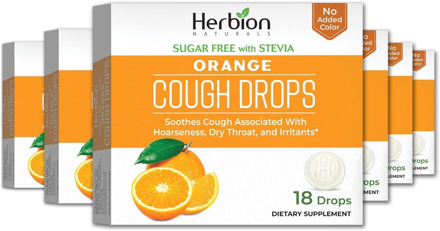 Herbion Naturals Cough Drops with Orange Flavor, Sugar-Free with Stevia, Soothes Cough, For Adults, Children 6 years and above, 6 pack (108 Lozenges)