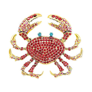 Rhinestone Crab Brooch Pin for Women Girls -Gold Plated Fashion Crystal Marine Animal Brooches Lapel Pins Shiny Exaggerated (Red&Blue)